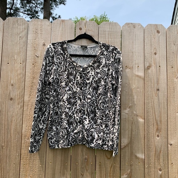 Talbots medium Black Cream Floral Shimmer Gold Women’s Cardigan Sweater - Picture 2 of 7